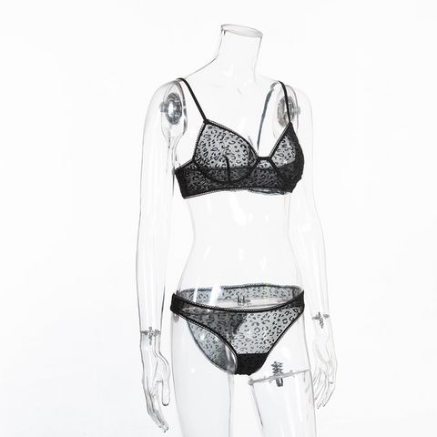 Leopard Print Sheer Mesh Bra Set