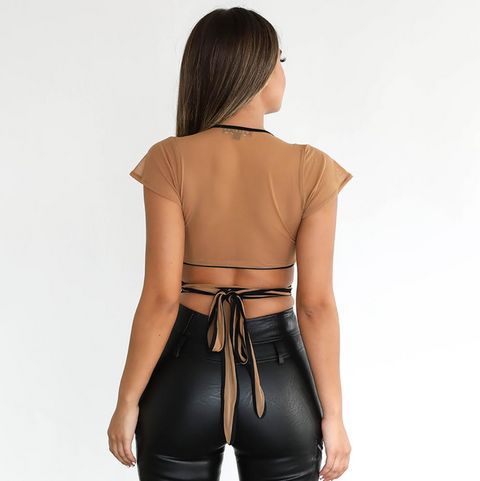 Sheer Mesh Self-Tie Wrap Crop Top