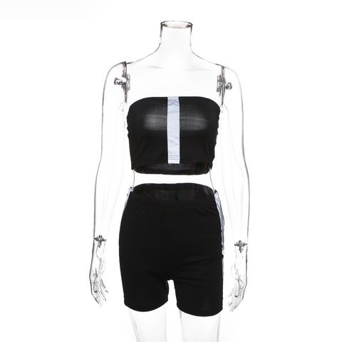 Reflective Stripe Splicing Bandeau Bikini Top With Shorts