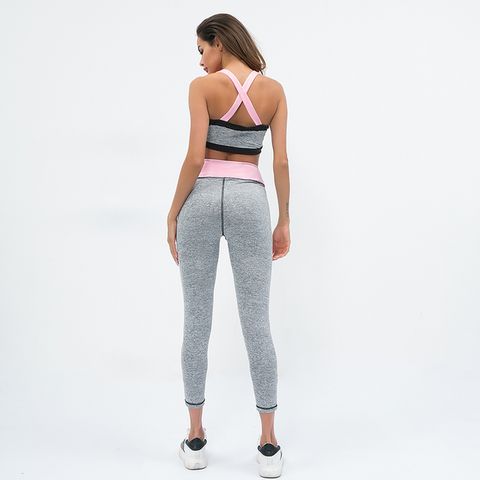 Strap Splicing Cross Back Sports Bra & Leggings