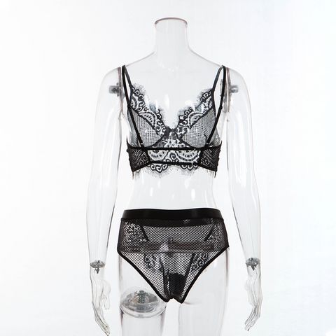 See Through Eyelash Lace Trim Bralette Set With Mesh Splicing