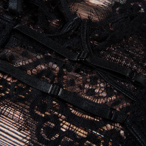 See Through Eyelash Lace Trim Bralette Set With Mesh Splicing