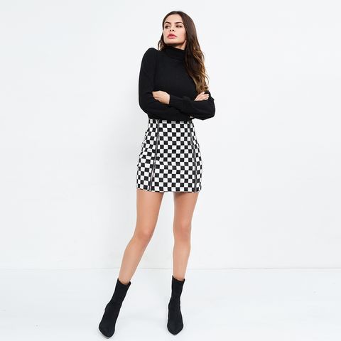 Double Zipper Front Red Checkered Skirt