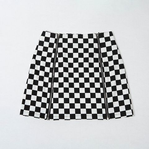 Double Zipper Front Red Checkered Skirt