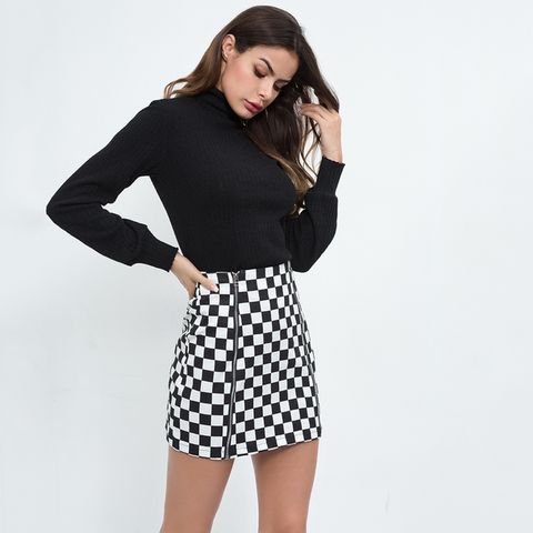 Double Zipper Front Red Checkered Skirt
