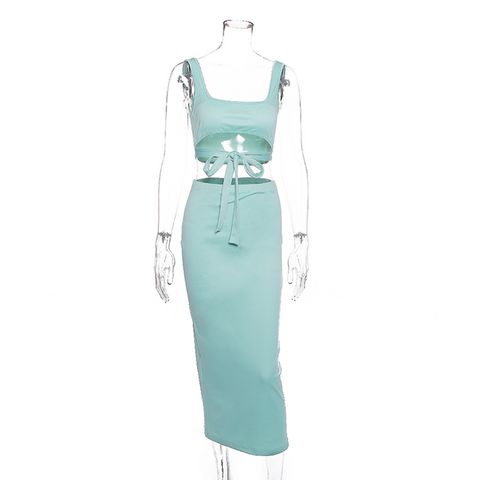 Cutout Tie Front Cropped Tank Top & Skirt Set