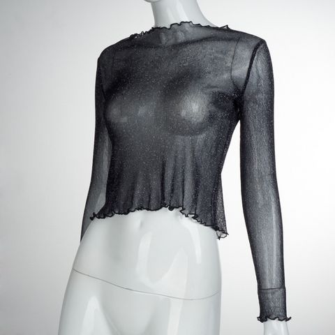 See Through Lettuce-Edge Long Sleeve Mock Neck Sparkly Mesh Crop Top