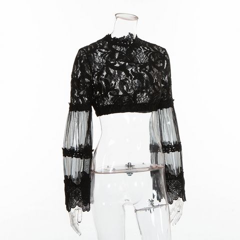 Bell Sleeve Mesh Splicing Lace Crop Top