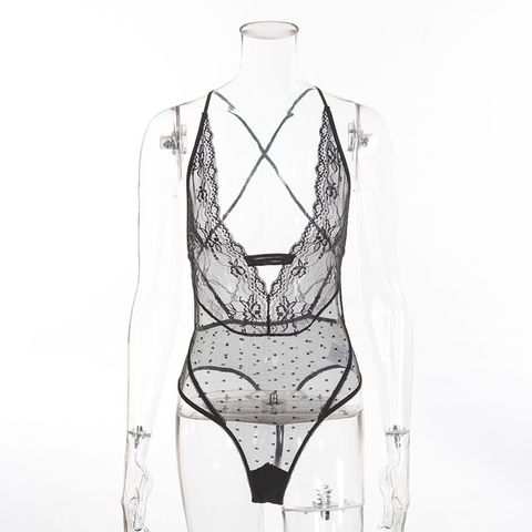 V-Shaped Lace Trim Dotted Mesh Splicing Bodysuit With Open Back